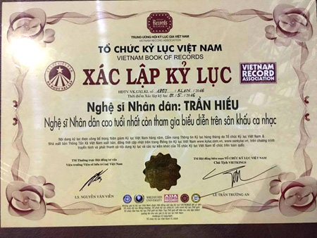 Bằng xác lập kỷ lục dành cho NSND Trần Hiếu.
